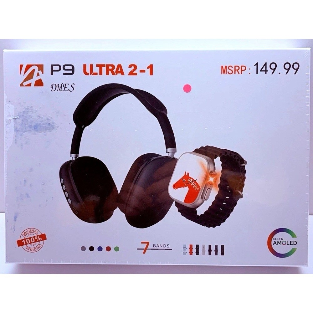 DMES P9 Ultra 2-1 Smartwatch and Wireless Headphones Set with 7 Bands Black